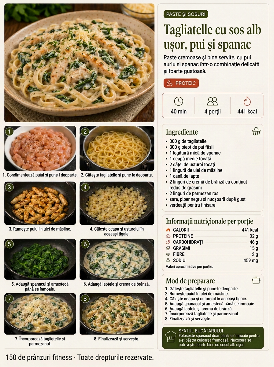 Tagliatelle cu sos alb ușor, pui și spanac